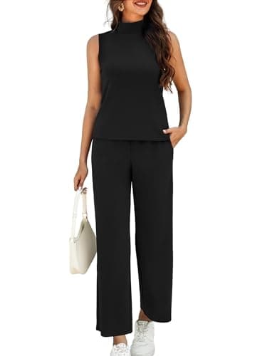 Casly Lamiit Two Piece Travel Outfits for Women Summer Sets Lounge Sets 2025 Fashion 2 Piece Matching Spring Trending Tracksuit Sleeveless Round Neck Top Wide Leg Pants Black M - Image 1