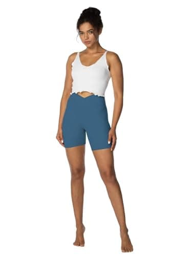 Sunzel Sunzfly Crossover Biker Shorts for Women, V Criss Cross High Waist Yoga Workout Gym Shorts with Tummy Control 6" Inseam Blue Gray Large - Image 4