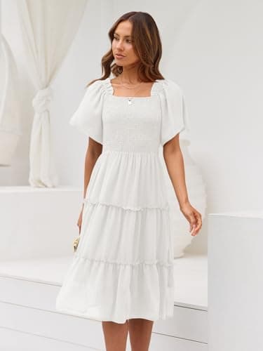 LILLUSORY Spring Midi Graduation Bridal Baby Shower Dresses Women 2024 Summer Casual Flowy Bridal Sun Sundress Trendy Brunch Cute Ladies Vacation Smocked Teacher Clothes Outfits White - Image 3