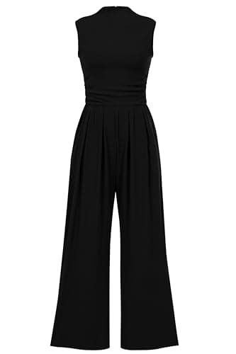 PRETTYGARDEN Womens Summer Jumpsuits Dressy Casual One Piece Outfits Sleeveless Mock Neck Wide Leg Pants Rompers with Pockets (Black,X-Large) - Image 1