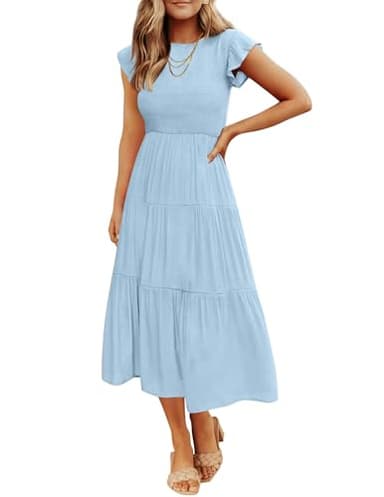ZESICA Women's 2025 Summer Casual Flutter Short Sleeve Crew Neck Smocked Elastic Waist Tiered Midi Dress,Blue,Large - Image 1