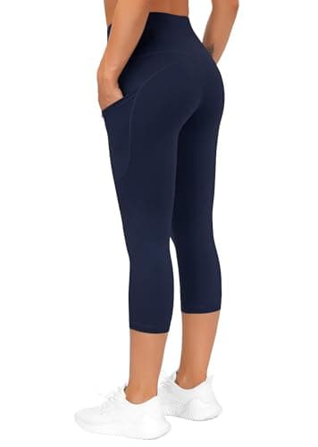 THE GYM PEOPLE Thick High Waist Capris Yoga Pants with Pockets, Tummy Control Workout Running Yoga Leggings for Women Navy Blue - Image 5