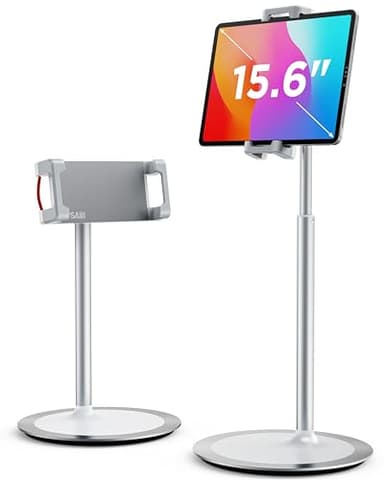 SAIJI Tablet Stand Holder, Height Adjustable Portable Monitor Stand, 360 Degree Rotating, Aluminum Alloy Cradle Mount Dock for 4.7"-15.6" Screen iPhone Samsung, iPad, Kindle, eBook Reader (Silver) - Image 1
