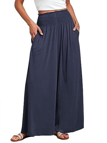 ANRABESS Women Palazzo Pants Summer Boho Bagyy Wide Leg High Smocked Waist Casual Loose Lounge Pant with Pocket Deep Blue X-Large - Image 1