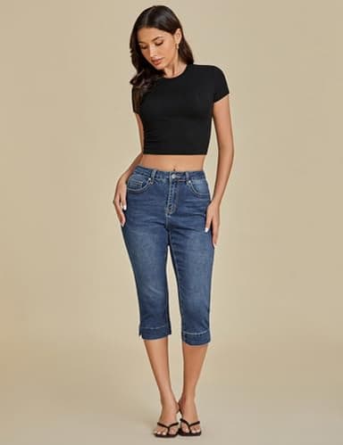luvamia Capri Jeans for Women Trendy High Waisted Slim Split Hem Stretch Denim Jean Capris Cropped Pants Casual Summer Capri Jeans for Women Dark Atlantic Blue Medium Fits Size 8 / Size 10 - Image 5