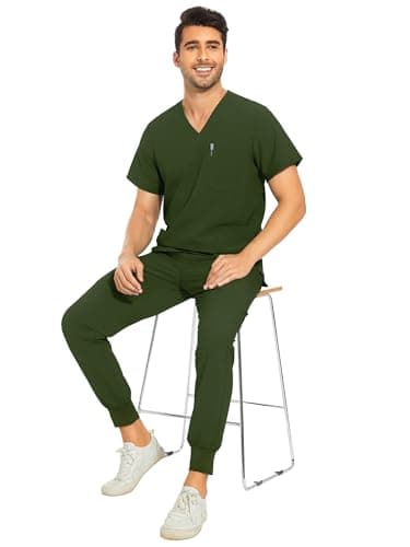 COZYFIT Men's Scrubs Set - Stretch V-Neck Top & Jogger Pant with 8 Pockets, Yoga Waistband, Anti-Wrinkle Scrubs - Army Green, M - Image 6