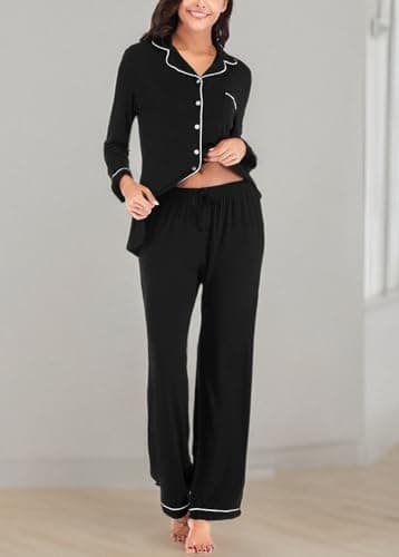 knit Pajamas for Women Long Sleeve Button Down Sets Black S - Image 6