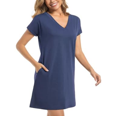 GEHENG Summer Dresses for Women2025 Beach Dresses V-Neck Oversized T-Shirt Casual Loose and Breathable Dress Pocket Dress Women Clothes Blue - Image 2