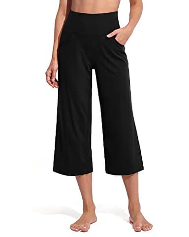 Promover Capri Pants for Women Yoga Pants with Pockets Wide Leg Cropped Pants for Casual Summer High Waisted Flare Legggings(Black,M,23") - Image 1