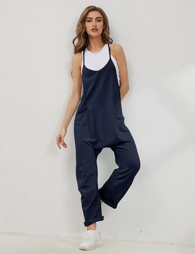 Lentta Women's Causal Jumpsuits V Neck Sleeveless Harem Overalls Stretchy Adjustable Strap Romper with Pockets(DarkBlue-S) - Image 2