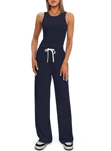 Darong Women's Two Piece Outfits Lounge Sets Ruched Sleeveless Pullover Tops and Elastic Waisted Pants Tracksuit Sets 9054B Dark Blue S - Image 4