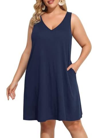 Sun Dresses Women Summer Plus Size Navy Blue Bathing Suit Cover Up Casual Tank Tshirt Sleeveless Pockets Short Sundress - Image 2
