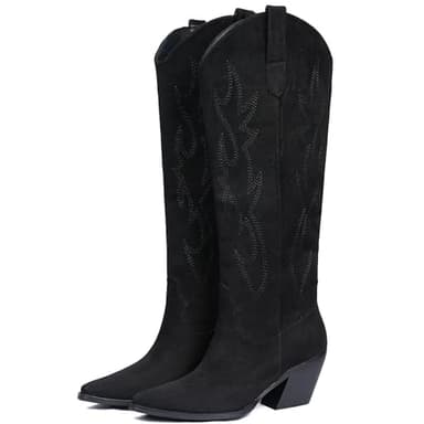 iiimmu Cowboy Boots for Women Black Knee High Pointed Toe and Chunky Heel Suede Western Boots with Embroidered, Size 5.5 - Image 8