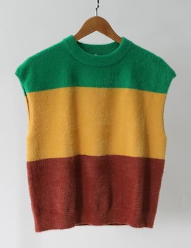 Dqbeng Womens Fuzzy Sweater Vest Sleeveless Casual Crewneck Loose Fit Color Block Pullover Tops (YellowCombo-XS) - Image 4