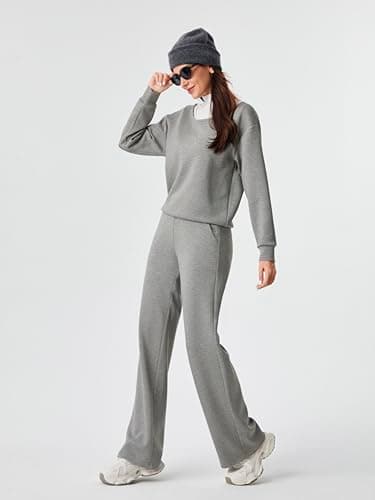 AFITNE 2 Piece Outfits for Women Long Sleeve Off-Shoulder Pullover Tops Wide Leg Sweatpants Pull On Pants Sets Stretchy Trendy Tracksuits with Pockets Fashion Mathching Sweatsuits Grey L 29" - Image 3