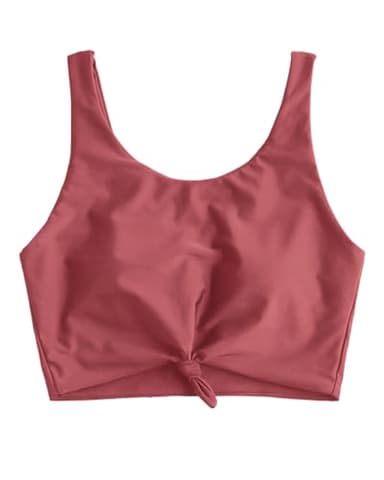 ZAFUL Women's Front Knot Bikini Tops Crop Tankini Top Scoop Neck Padded Bathing Suit Tops Coral Red L - Image 1
