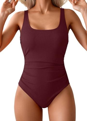 Aidonger One Piece Swimsuit for Women Ribbed Tummy Control Bathing Suit Ruched Swim Suit Slimming Swimwear Wine Red - Image 1