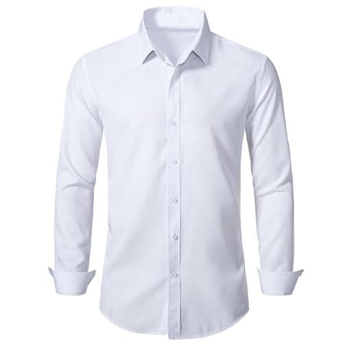 BEILU Stretch Mens Slim Fit Dress Shirts Formal Long Sleeve Button Down Shirts White Large - Image 1