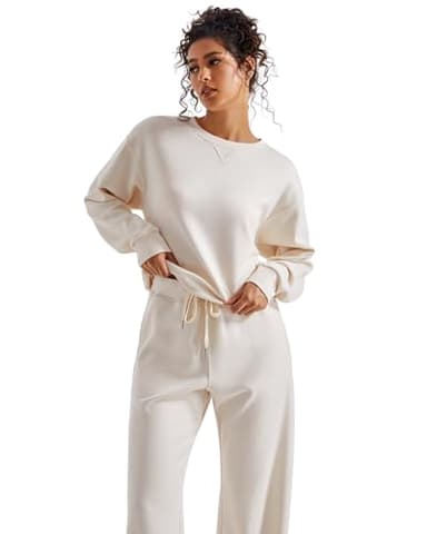 SUUKSESS Women Modal 2 piece outfits Oversized Sweatshirt Fall Lounge Set Wide Leg Pants Matching Sets (Apricot,M) - Image 2