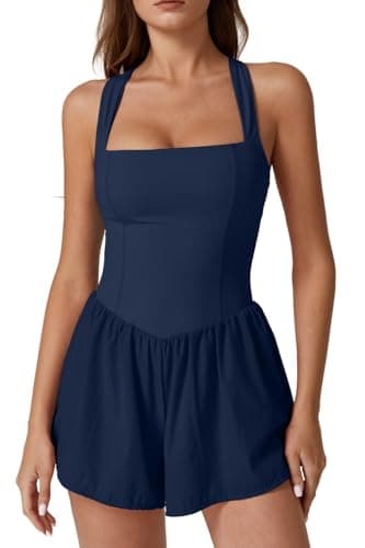 QINSEN Women's Summer Sleeveless Rompers Double Lined Shorts Jumpsuit One Piece Outfits Navy Blue M - Image 1