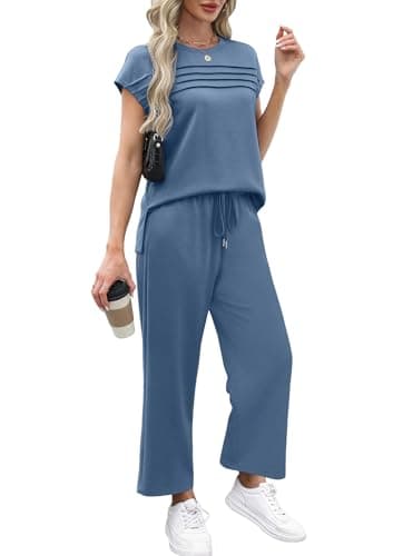 WIHOLL 2 Piece Sets for Women Summer Vacation Airport Cruise Travel Outfits for Airplane 2025 Matching Clothing Trendy Resort Wear Comfy Loungewear Petite Lounge Sets Blue 2XL - Image 4