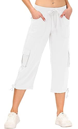 MoFiz Womes Cargo Hiking Capri Pants Lightweight Quick Dry Running Athletic Casual Outdoor Button Pockets Rice White L - Image 2