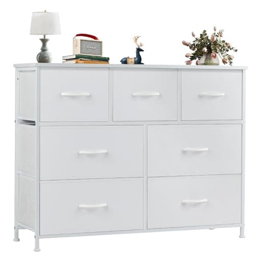 OLIXIS Dresser for Bedroom, 7 Storage Drawers, Wide Fabric Closet Chests Organizer Tower Furniture, TV Stand with Wooden Top Metal Frame for Clothes, Living Room, Hallway, Entryway, Classic White - Image 1