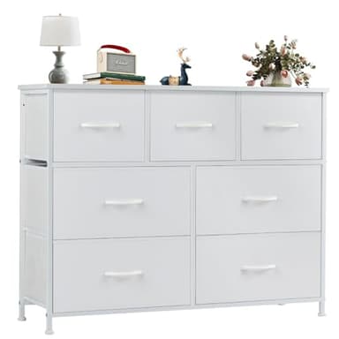 OLIXIS Dresser for Bedroom, 7 Storage Drawers, Wide Fabric Closet Chests Organizer Tower Furniture, TV Stand with Wooden Top Metal Frame for Clothes, Living Room, Hallway, Entryway, Classic White - Image 1