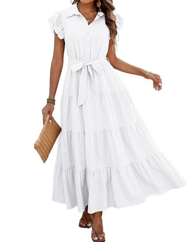 dowerme Women Summer Dress Trendy Ruffle Sleeve Button V Neck Belted Pleated Tiered Loose Boho Flowy Shirt Dresses 2025(White,XX-Large) - Image 1