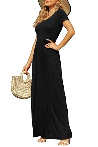 DB MOON Womens Maxi Dresses Casual Short Sleeve & Pockets Empire Waist Long Dress for Beach Party XL, Black - Image 2