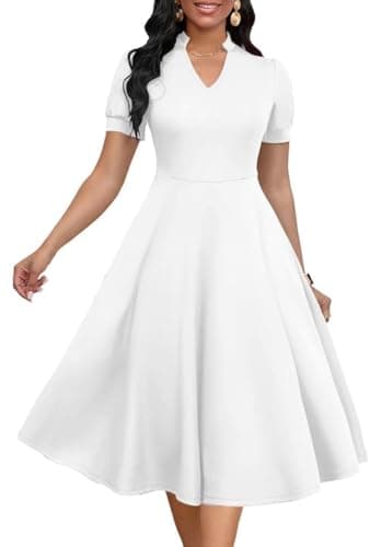 MarryUP White Dress Women Vintage Puff Sleeve V Neck Casual Semi-Formal Cocktail Party A-Line Swing Church Dress White 2XL - Image 1