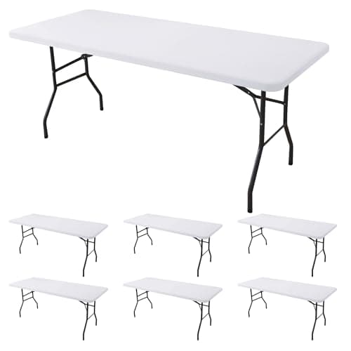 Enjoyidea Fitted Tablecloth for 8 Foot Rectangle Tables-6 Pack White Elastic Outdoor Picnic Table Cover-Spandex Stretch Folding Table Cloths 8ft for Camping Dining Room Patio Kitchen Banquet Party - Image 1