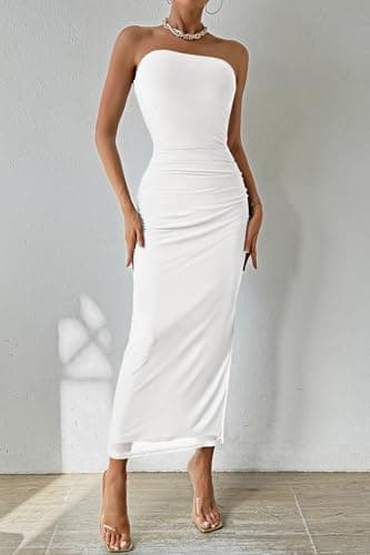 PRETTYGARDEN Women's Summer Maxi Bodycon Dresses Strapless Tube Top Printed Long Party Club Slit Dress (White,X-Large) - Image 3