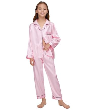 ALHAVONE Kids Girl Pajama Set with Headband Blindfold Hair Tie Toddler Boy Girl Satin Silky Button-up Pajama Sleepwear (Pink-long, 150) - Image 3