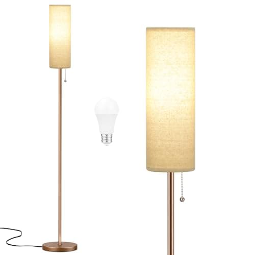 Ambimall Floor Lamp for Living Room with 3 Color Temperatures Bulb, 64" Standing lamp with Linen lampshade for Bedroom, Minimalist Pole Lamp, Dark Beige Shade & Brown Pole - Image 1