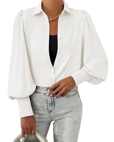 BTFBM Women Fashion Button Down Shirts V Neck Printed Solid Boho Long Sleeve Blouses Dressy Casual Summer Fall Tops(Solid White, Large) - Image 3