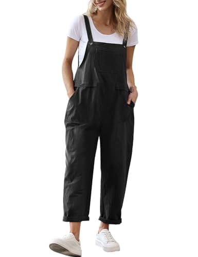 YESNO Women Long Casual Loose Bib Pants Overalls Baggy Rompers Jumpsuits with Pockets (L PV9 Black) - Image 1