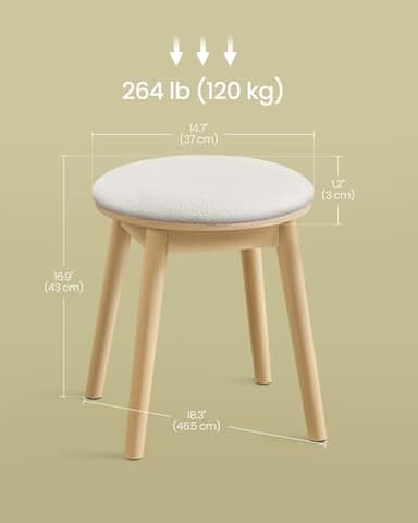SONGMICS HOME BOHOVEN Collection - Vanity Stool, Upholstered Makeup Stool with Solid Wood Legs, Round Footstool, Non-Slip Foot Pads, Boho Style, for Bedroom, Makeup Room, Cream White and Oak Beige - Image 5