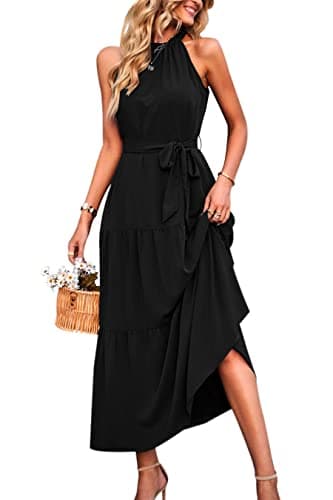 PRETTYGARDEN Women's Summer Maxi Sun Dress Sleeveless Halter Neck Flowy Ruffle Hem Long Boho Dresses with Belt (Solid Black,X-Large) - Image 1