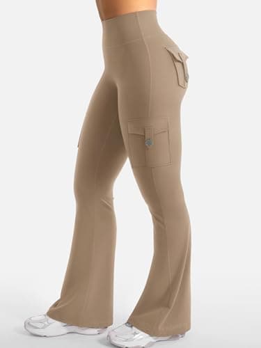 YEOREO CoreFlex Women Workout Flare Leggings with Pockets Hidden Scrunch High Waisted Cargo Gym Yoga Leggings Light Brown S - Image 5