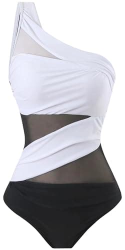 Runtlly Women's One Piece Tummy Control Swimsuit Retro Cutout Mesh Swimwear Ruched Push Up Bathing Suits 8995 BlackWhiteP L - Image 1