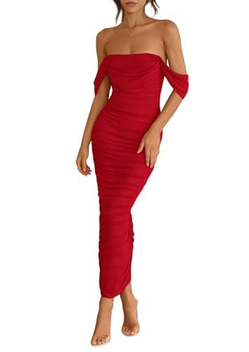 PRETTYGARDEN Womens 2025 Summer Off The Shoulder Dress Ruched Bodycon Sleeveless Split Cocktail Party Maxi Dresses (Red,Small) - Image 1