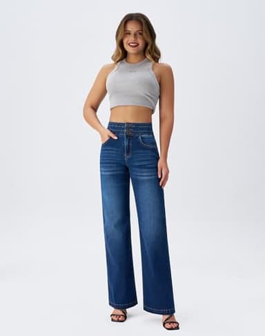 roswear Women’s Wide Leg Jeans Casual High Waisted Stretch Baggy Loose Denim Pants Blue Small - Image 3