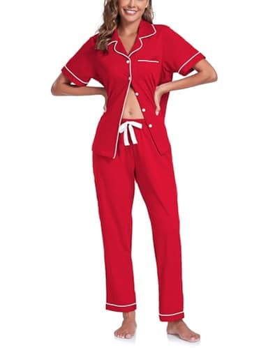 COLORFULLEAF Women's 100% Cotton Pajamas Set Button Down Sleepwear Short Sleeve Shirt and Long Pants Soft Ladies Lounge Sets(Cherry,XL) - Image 1