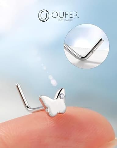 OUFER Butterfly Nose Studs, 925 Sterling Silver Nose Rings, L-Shaped Nose Piercing Jewelry, Cute Nostril Piercing, 20G Nose Rings For Women-7MM - Image 3