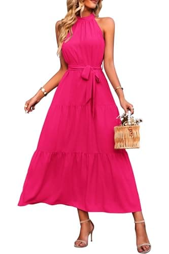 PRETTYGARDEN Women's Summer Maxi Sun Dress Sleeveless Halter Neck Flowy Ruffle Hem Long Boho Dresses with Belt (Solid Rose Red,Small) - Image 1