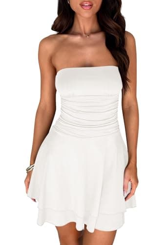 MEROKEETY Women's 2025 Summer Strapless Tube Dress Sexy Off Shoulder Ruffle Tiered Flowy Mini Dresses, White, M - Image 6