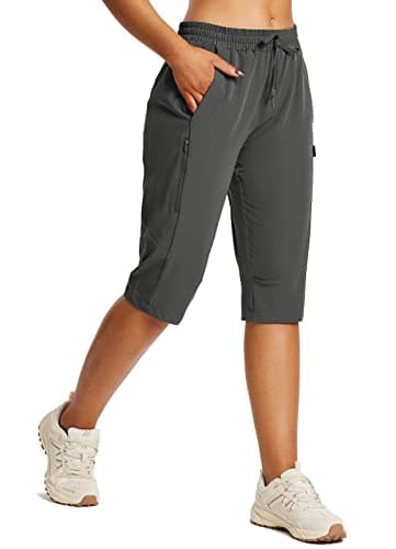 baleaf Women's Below Knee Long Hiking Cargo Shorts UPF 50 3/4 Capri Lightweight Water Resistant Zip Pocket Elastic Waist Dark Grey XL - Image 1