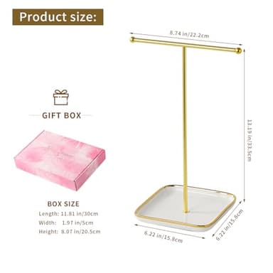 Leijosya modern T-shaped jewelry rack, jewelry tower, gold metal, square ceramic base decoration display tower, necklace, bracelet, ring storage rack (1Tiers) - Image 3