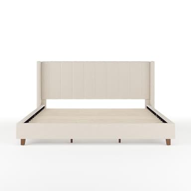 Martha Stewart Kay Low Profile Platform Bed with Wingback Headboard, Channel Stitched Faux Linen Upholstery, No Box Spring Needed, King, Beige - Image 9